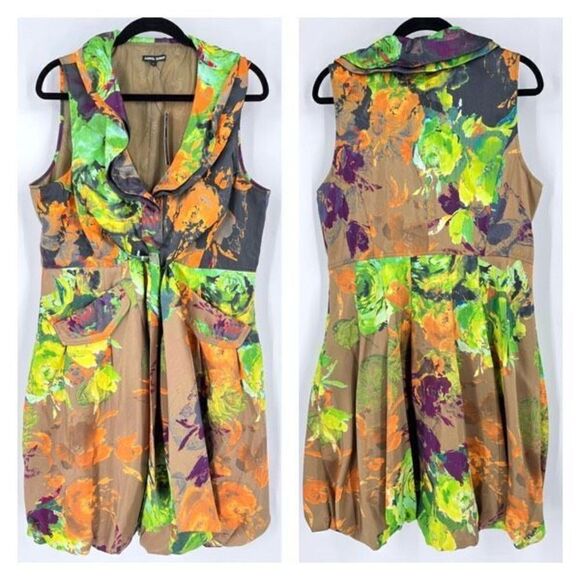 NWT Samuel Dong Womens Sleeveless Cross Tie Front Bubble Dress Green Tan Large - Picture 1 of 11